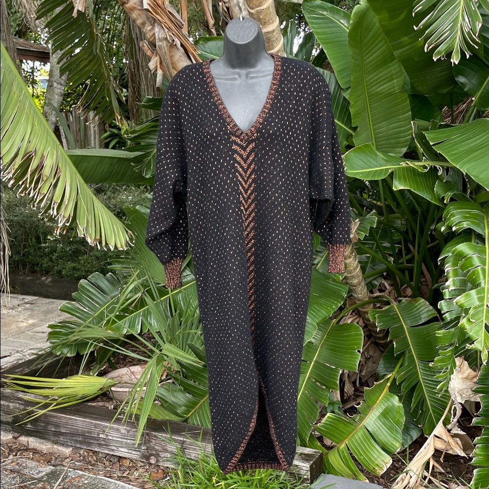Pol metallic copper polkadot and black knit dress